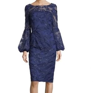 David Meister Blue Sequin Lace Bell-sleeve Dress